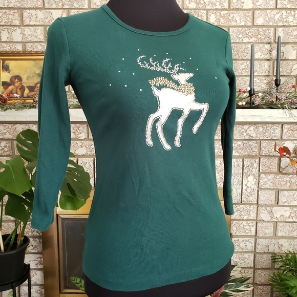 Karen Scott Christmas Reindeer Green Top Like New Size XS - Picture 1 of 3